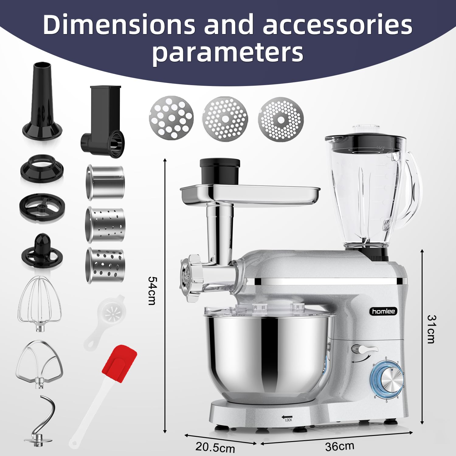 Homlee 3 in 1 Universal Küchenmaschine 2000W Multifunktionale Knetmaschine 6-stufige Gescheindigkeit Mixer, mit Fleischwolf, 1.5L Saftpresse, 5.5L Edelstahlschüssel knetmaschine 2