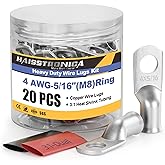 haisstronica 10pcs 4 AWG - 5/16" (M8) Tinned Copper Battery Lugs, Heavy Duty Copper Wire Lugs with 10pcs 3:1 Adhesive Heat Shrink Tubing, 4 Gauge Wire Lugs, Tinned Copper Battery Cable Ends