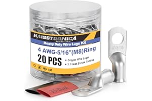 haisstronica 10pcs 4 AWG - 5/16" (M8) Tinned Copper Battery Lugs, Heavy Duty Copper Wire Lugs with 10pcs 3:1 Adhesive Heat Shrink Tubing, 4 Gauge Wire Lugs, Tinned Copper Battery Cable Ends