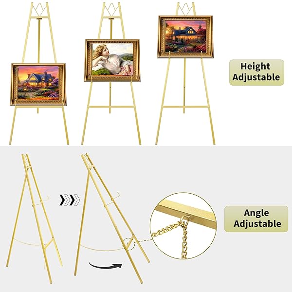 GRENTY 46.7″ GOLD EASEL STAND FOR WEDDING SIGNS – NO ASSEMBLY NEEDED, HEAVY DUTY METAL DISPLAY STAND FOR ART, WELCOME SIGNS, POSTERS, PICTURES, PAINTINGS, AND FLOOR DÉCOR