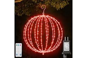 LAMPHOME 16INCH Outdoor/Indoor LED Christmas Light Ball,Foldable Metal Sphere Lights, Connectable Waterproof 16 Modes with Timer, Hanging Tree Globe Lights for Holiday Christmas Decorations (Red)