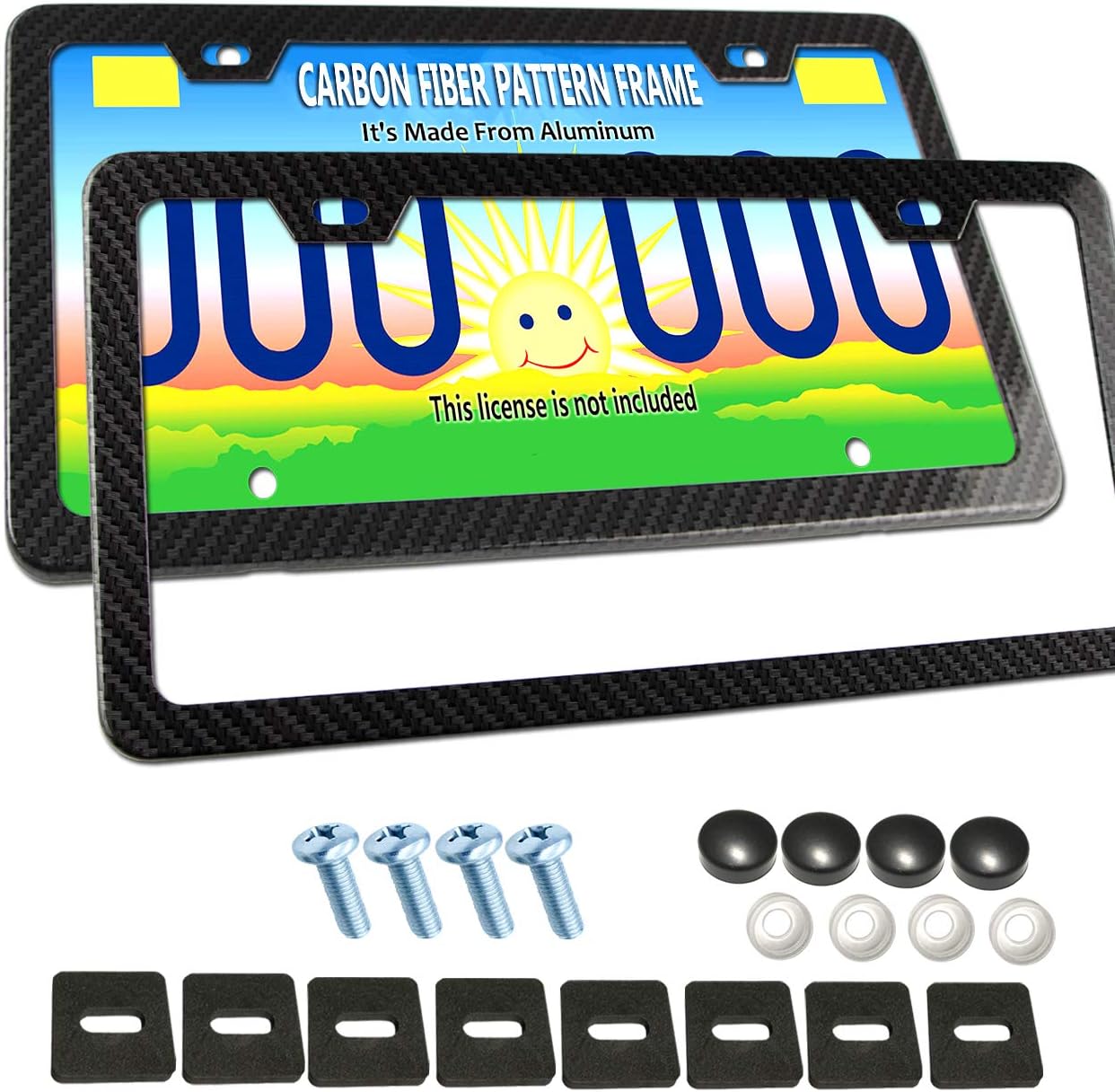 License Plate Frame Carbon Fiber- Black Aluminum Plate Frame Printed Carbon Pattern,Black License Plate Holder, Universal Car Front & Rear License Plate Frame Tag Cover with Plate Screws and Caps