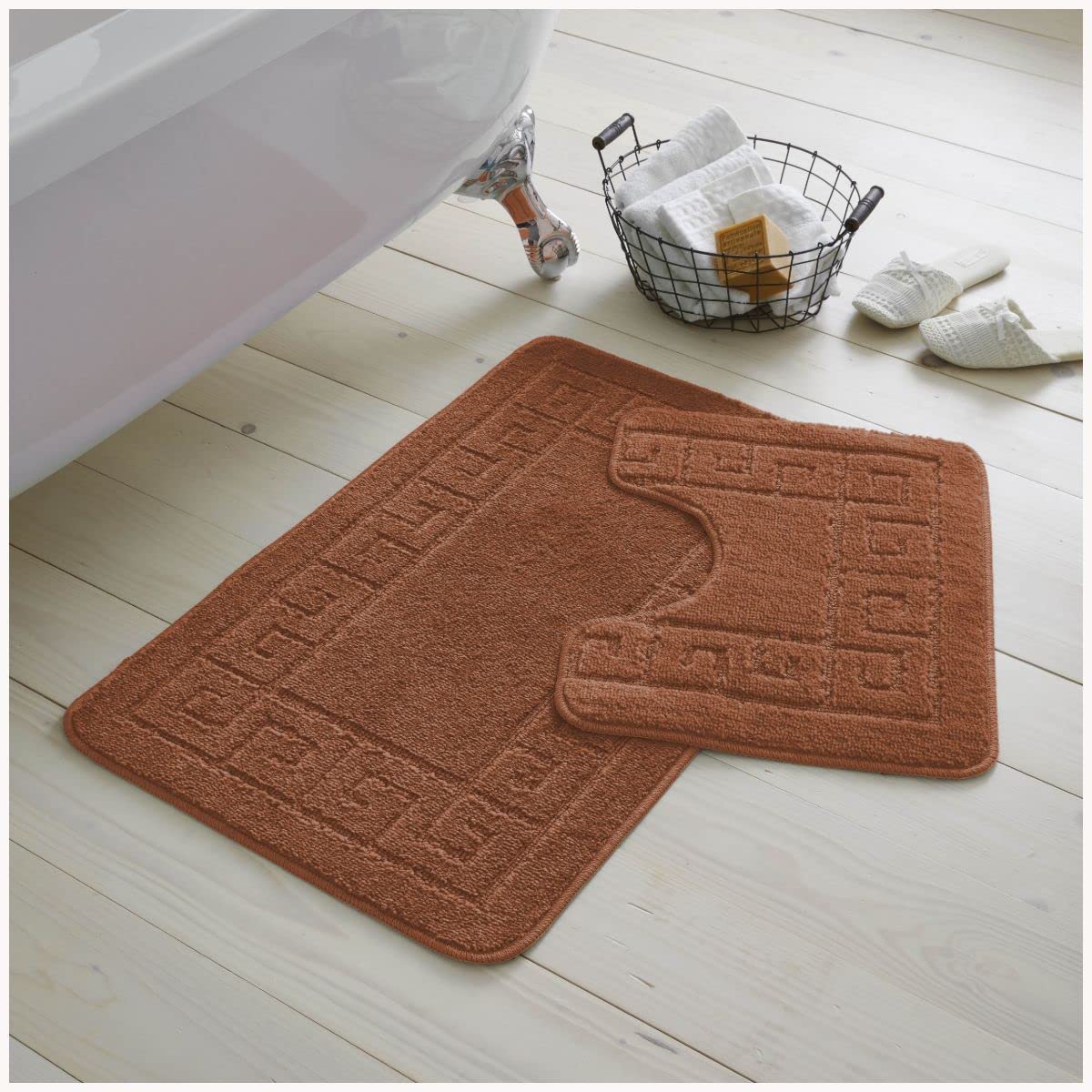 GC GAVENO CAVAILIA 2 Piece Washable Bathroom Mat, Extra Absorbent Anti Slip Bath Mats, Super Soft Toilet Rugs Set, Terracotta, Regular, (50 x 80, 50 x 40 cm)