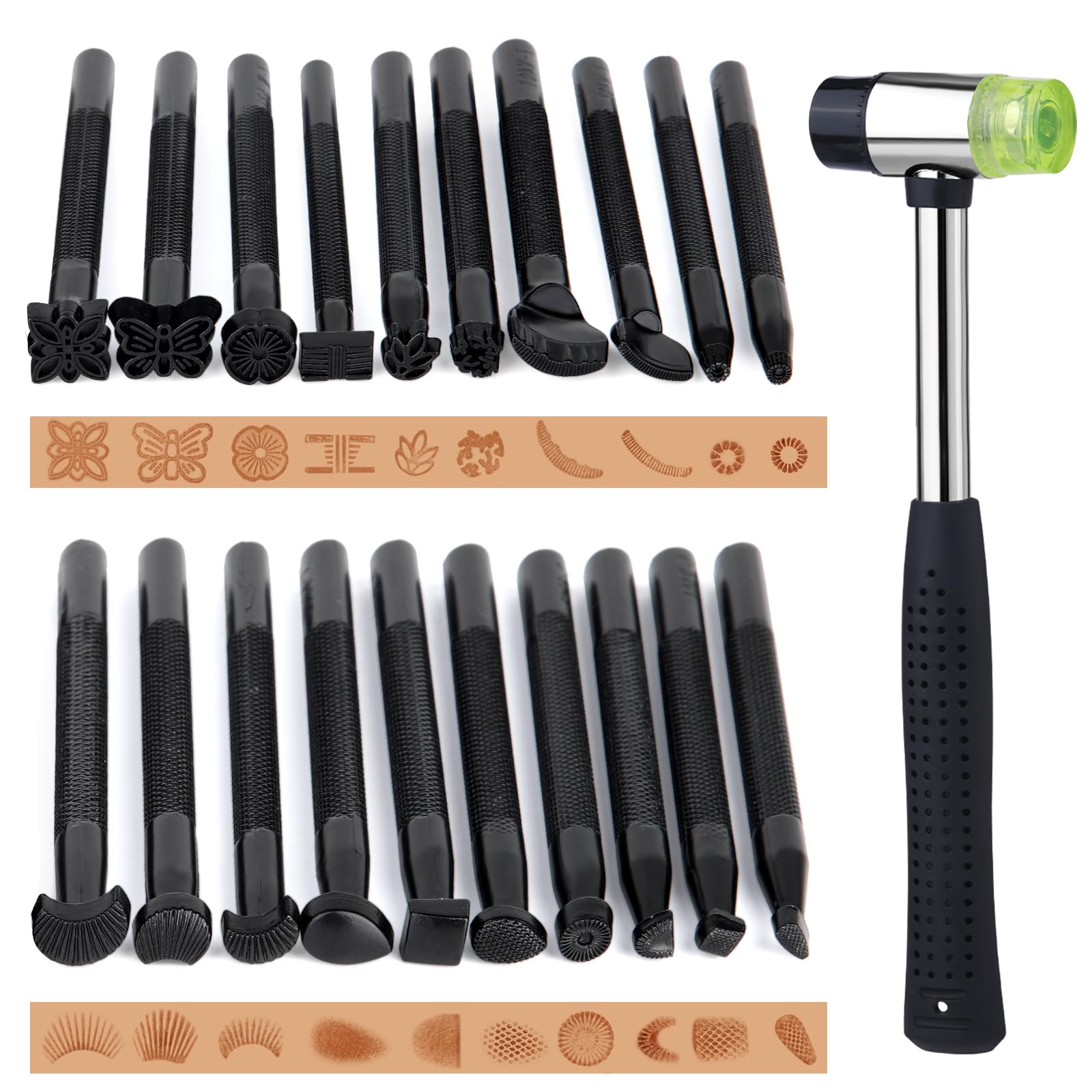 Wonvoc 21 Pcs Leather Stamping Tools, Leather Stamping Kit with 20 Patterns, Leather Carving Kit, Leather Stamping Tools Geometric, Leathercraft Stamping Tools and Mallet for DIY Leather Crafts