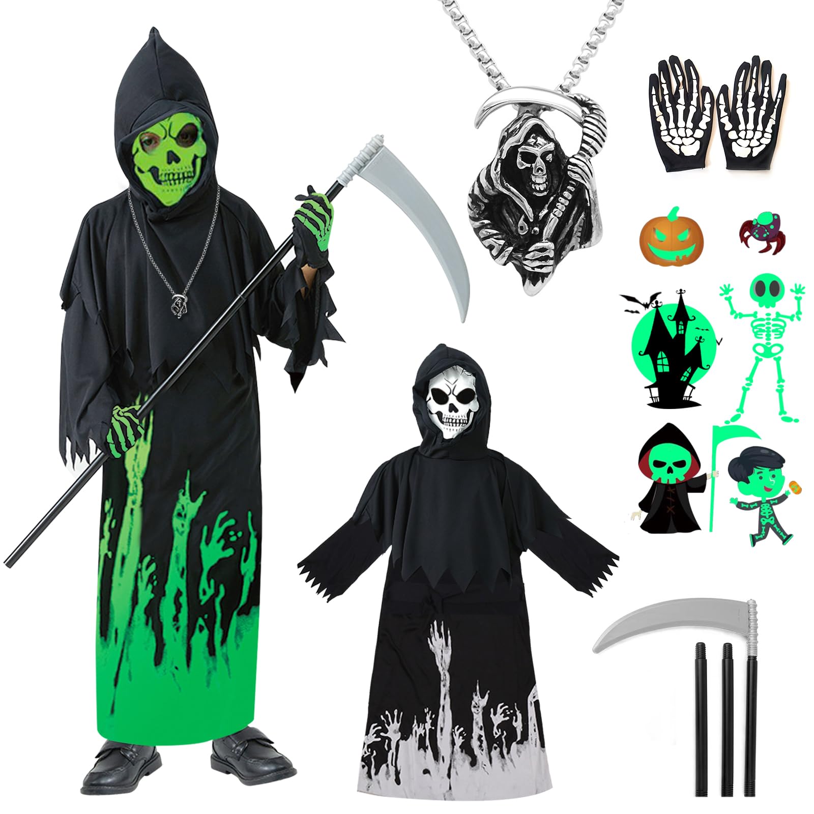 Grim Reaper Costume Kids Boys 10-12 Glow In The Dark Halloween Costumes for Kids Boys Girls Skeleton Mask & Skeleton Gloves Death Ghost Face Costumes Grim Reaper Scythe Scream Outfit Fancy Dress Up