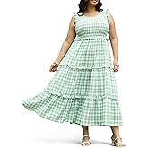 Women's Plus Size Summer Casual Maxi Dress Ruffle Sleeveless Plaid Smocked Tiered Long Dresses with Pockets