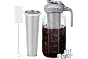 Cold Brew Coffee Maker & Pitcher Set - 64oz Mason Jar with Stainless Steel Filter, Spout Lid & Cleaning Brush - Ideal for Ice