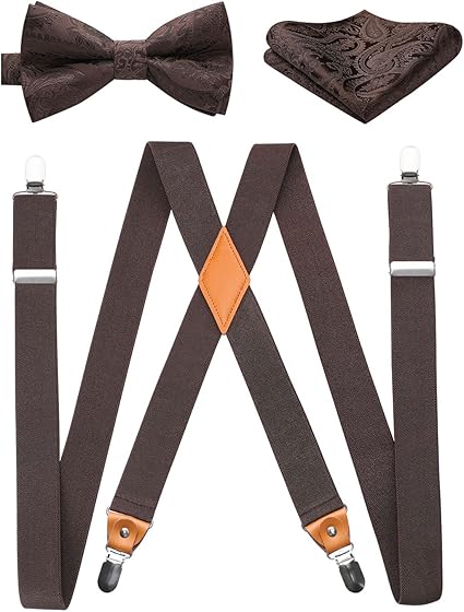 Amazon ブラウン メンズ サスペンダー 蝶ネクタイ 3点セット 紺色 X 型 幅35mm 男女兼用 茶色 レディース ズボン吊り ホルスター フォーマル 結婚式 ビジネス カジュアル フォーマル ヒスデン Hisdern サスペンダー 通販