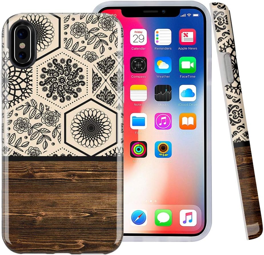CaseSociety Floral Tile and Wood Design Clear Bumper Glossy TPU Soft Rubber Silicone Shockproof Gel Cover iPhone Case Compatible with Apple iPhone X & iPhone Xs