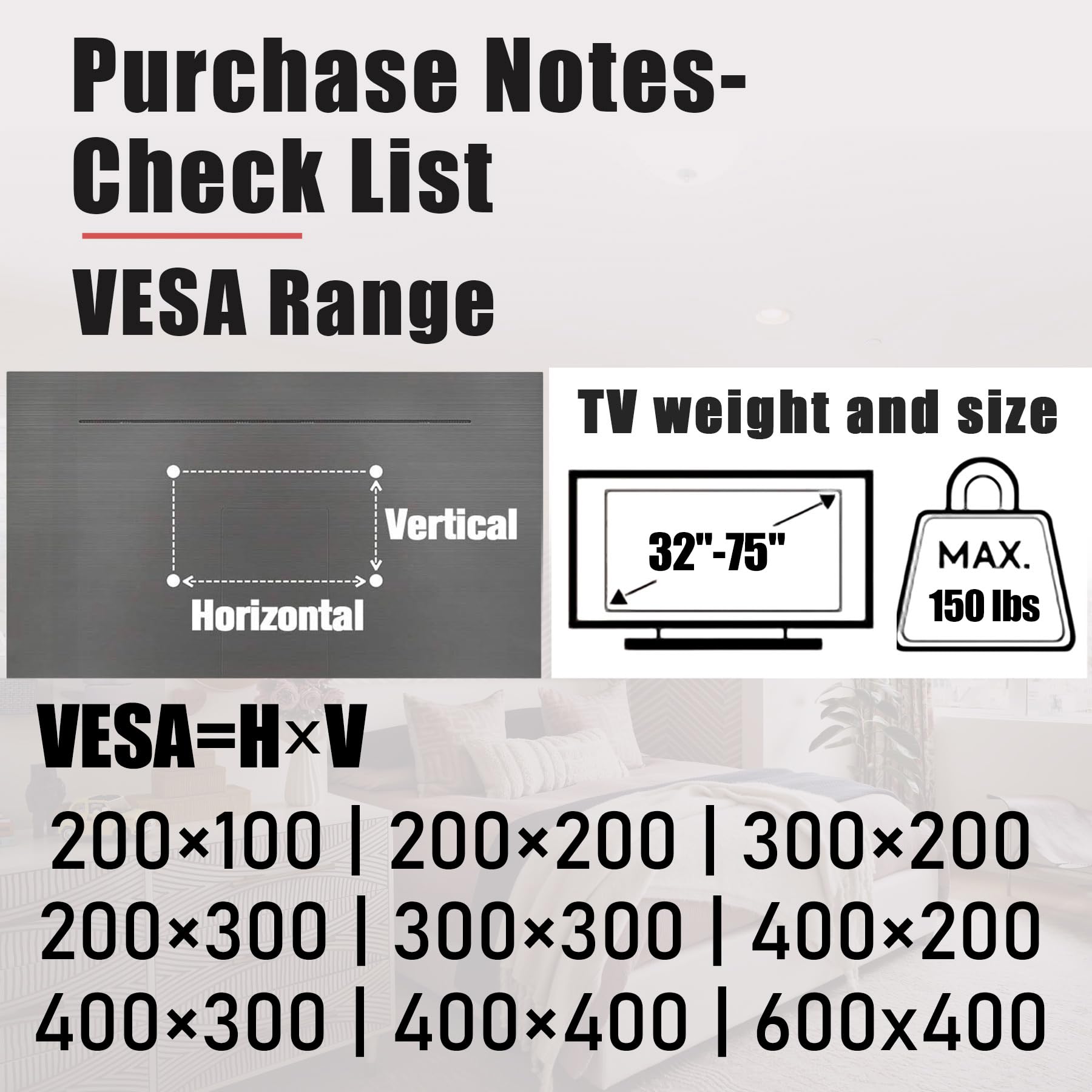 No Stud TV Wall Mount, 32-75 inch TVs Drywall Studless Bracket, No Damage, No Drill, Non Screws, 1 Minutes Easy Install TV Hanger fits VESA 100x100 to 600x400, Include Hardware Levels