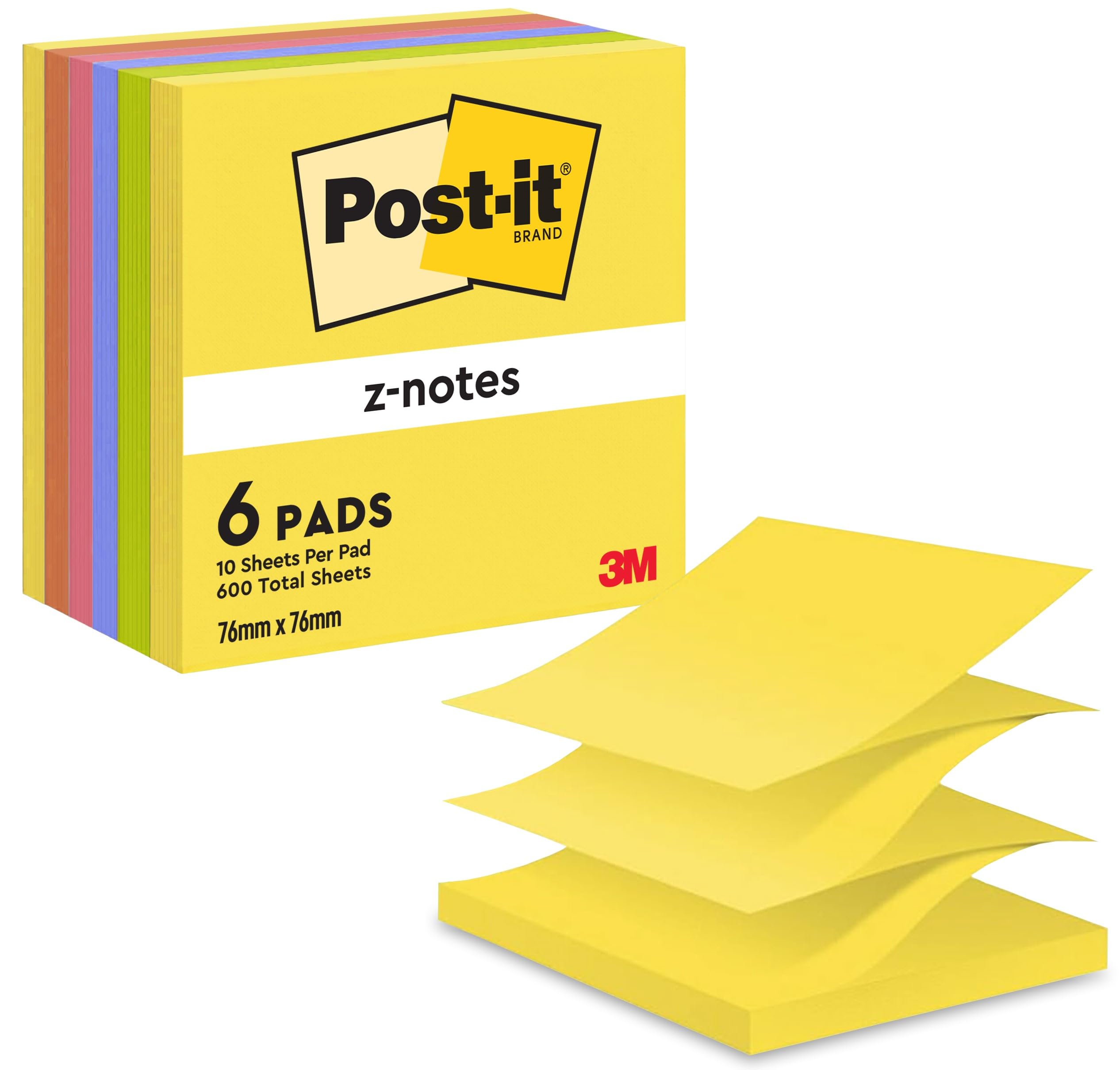Post-it Z-Notes Neon Rainbow Collection, Pack of 6 Pads, 100 Sheets per Pad, 76 mm x 76 mm, Yellow, Green, Purple, Pink, Orange Colors - Self-Stick Notes for Note Taking, to Do Lists & Reminders — image 1