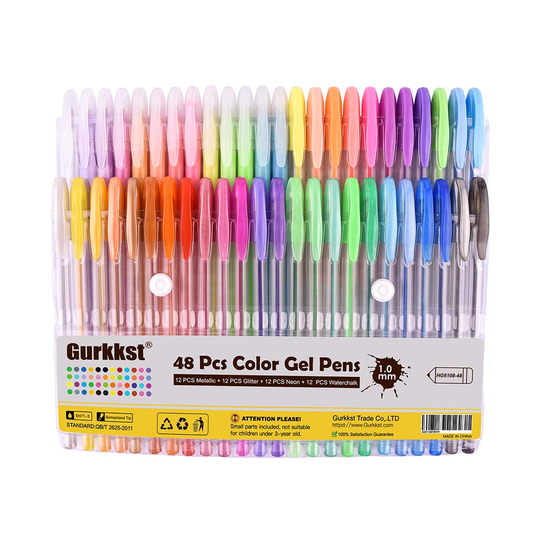 Gurkkst 48 Packs Color Gel Ink Pens Set The Best Gel Pens Colouring Books,Drawing,and Writing (12 Metallic + 12 Glitter + 12 Neon + 12 Water Chalk)