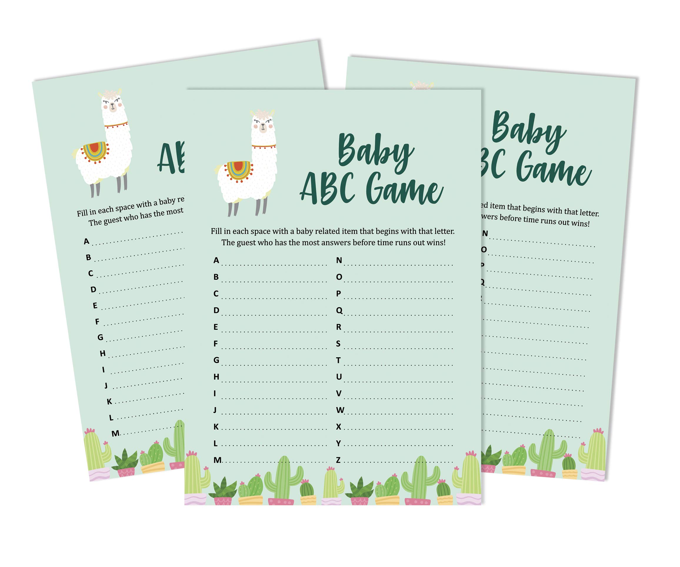 Inkdotpot Baby Shower Game Set Of 50 Baby Alphabet ABC Game Llama Gender Neutral Party Supplies