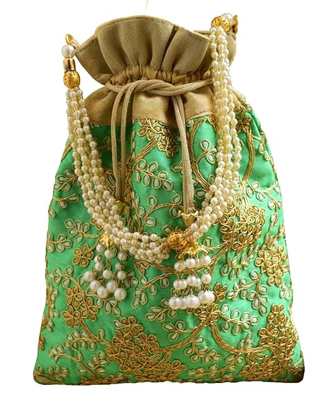 Embroidered Raw Silk Potli/Batua- Green