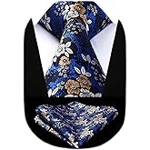 HISDERN Men Floral Ties Woven Classic 3.4" Necktie Set Formal Tie Pocket Square for Wedding with Handkerchief Gift Box