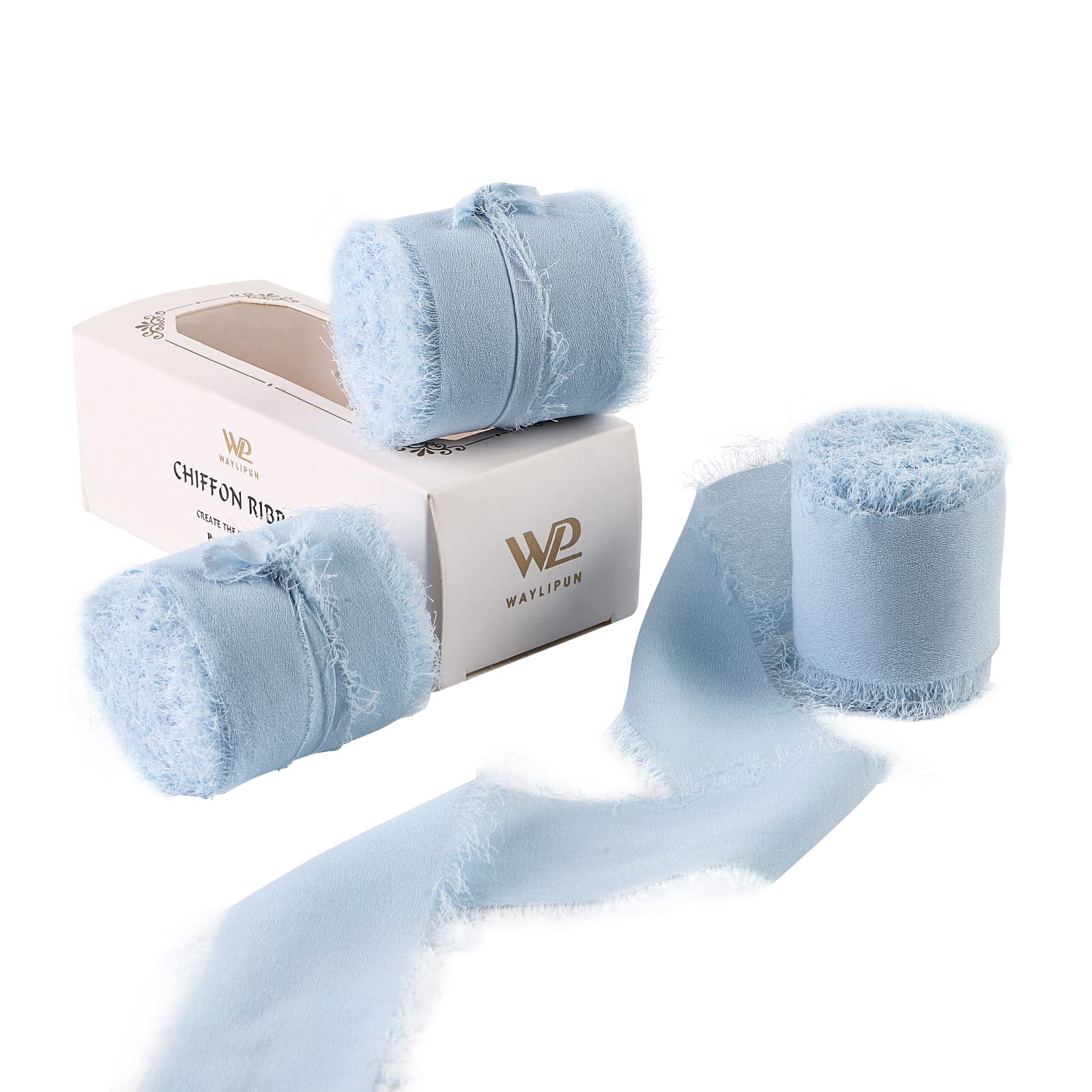 Waylipun Handmade Fringe Chiffon Ribbons, 3 Rolls 2" x 7Yd Total 21Yd Frayed Edge Fringe Smooth Ribbon for Wedding Invitations, Bridal Bouquets, Gifts Wrapping, DIY Crafts Decoration - Light Blue