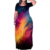 Plus Size Dress for Women Casual Crew Neck Short Sleeve Maxi Dress Oversized Summer Beach Dresses with Pockets