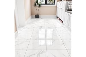 Wallercity White Marble Floor Tile Peel and Stick Bathroom Flooring Self Adhesive 18PCS Vinyl Floor Tiles Waterproof Flooring Sticky Tiles for Kitchen Bedroom Dinning Room Laminate Sheets 12''x12''
