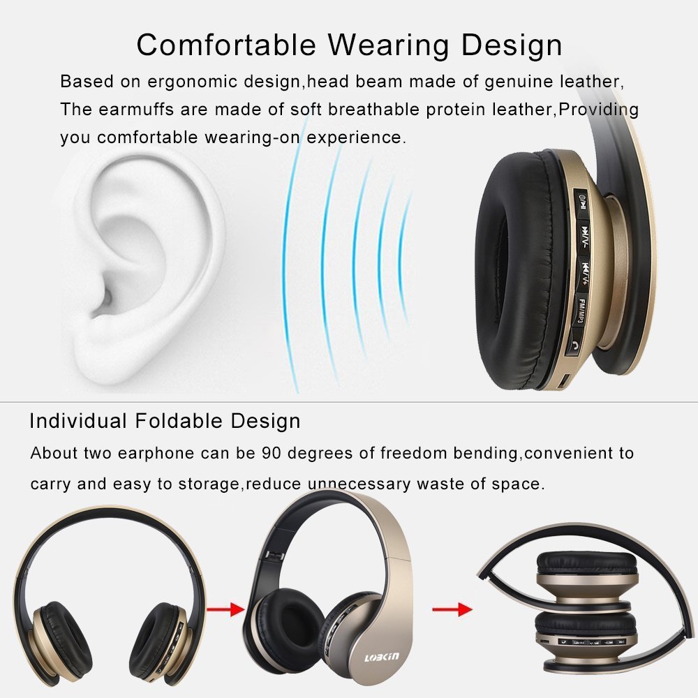 Cuffie Bluetooth LOBKIN Auricolari Stereo con Microfono Bluetooth 4.1 Pieghevole Over-Ear Senza Fili Cuffie con Microfono Ricaricabile Riduzione del Rumore Interno Supporto SD/TF Card (oro-negro)