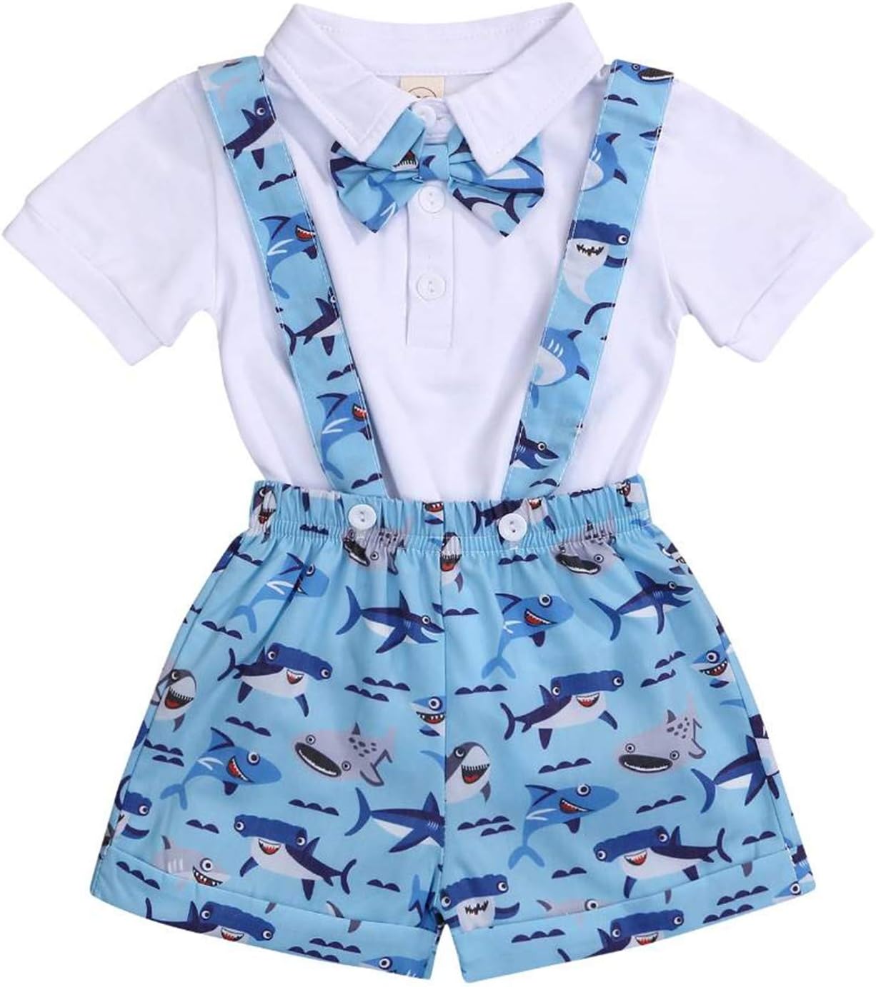 Newborn Baby Boys Gentleman Outfits Bowtie Romper+Shark Suspenders Shorts Clothes Set