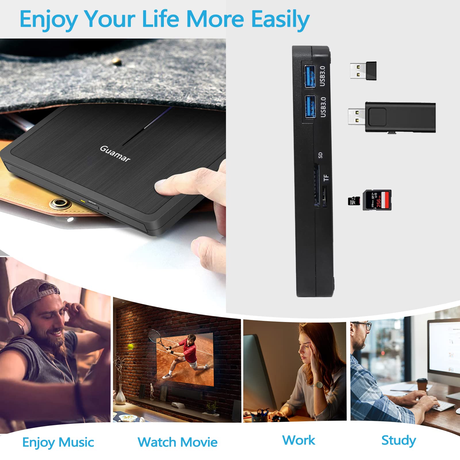 Guamar External CD DVD Drive, USB 3.0 Type-C CD/DVD ROM +/-RW Player Burner Reader Writer with SD/TF Slot & 2 USB/Carrying Case, Portable Optical Disc Drive for Laptop PC Desktop Windows Mac Linux