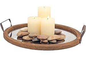 Stonebriar Brown Oval Wood Serving Tray with Metal Handles and Distressed Mirror Base