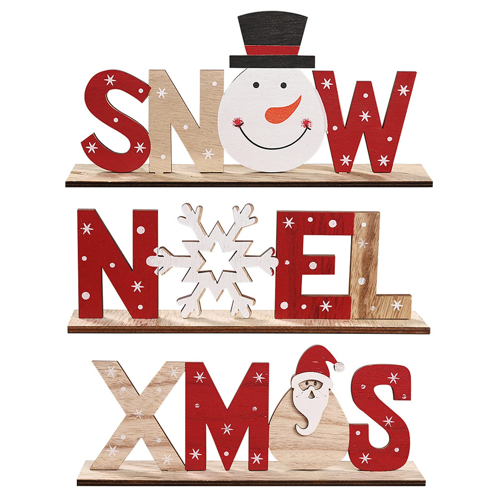 3 Pcs Christmas Wood Sign XMAS SNOW NOEL Wood Tabletop Decoration Christmas Table Top Sign Plaque Wooden Assembled Ornament Santa Snowman Snowflake Decorative Table Sign for Home Table Room Office