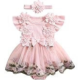 Douhoow Baby Girl Dress Romper Baby Romper Dress Flowers Embroidery Tulle Skirt Infant Girl Summer Clothes with Headband