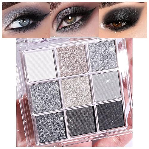 9 Colors Silver Gray Glitter Eyeshadow Palette, Black Smokey Grey Silver White Sparkle Glitter Shimmer Shiny Eye Shadow Palette Makeup kit for older Women, High Pigment Waterproof (9 Colors Black)