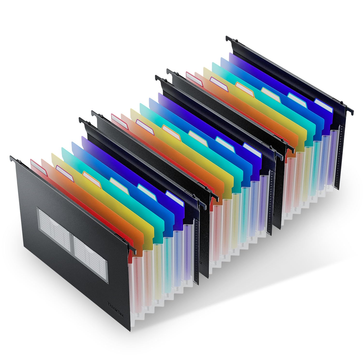 ThinkTex A4 Plastic Expanding Hanging File Folders, 7 Innovative 3cm Accordian Pockets, Large Capacity, Multi-Color Tabs, A4 Size for Filing Cabinet, Suitable Cabinet Width 32cm-37cm - 3 Packs