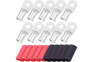 iGreely 10pcs 1/0 Gauge 5/16" Wire Lugs Ring Terminal Connectors Ends 1/0 AWG Heavy Duty Tinned Copper for Battery Cable Lug Wire Electrical Eyelets with 10pcs 3:1 Dual Wall Adhesive Heat Shrink