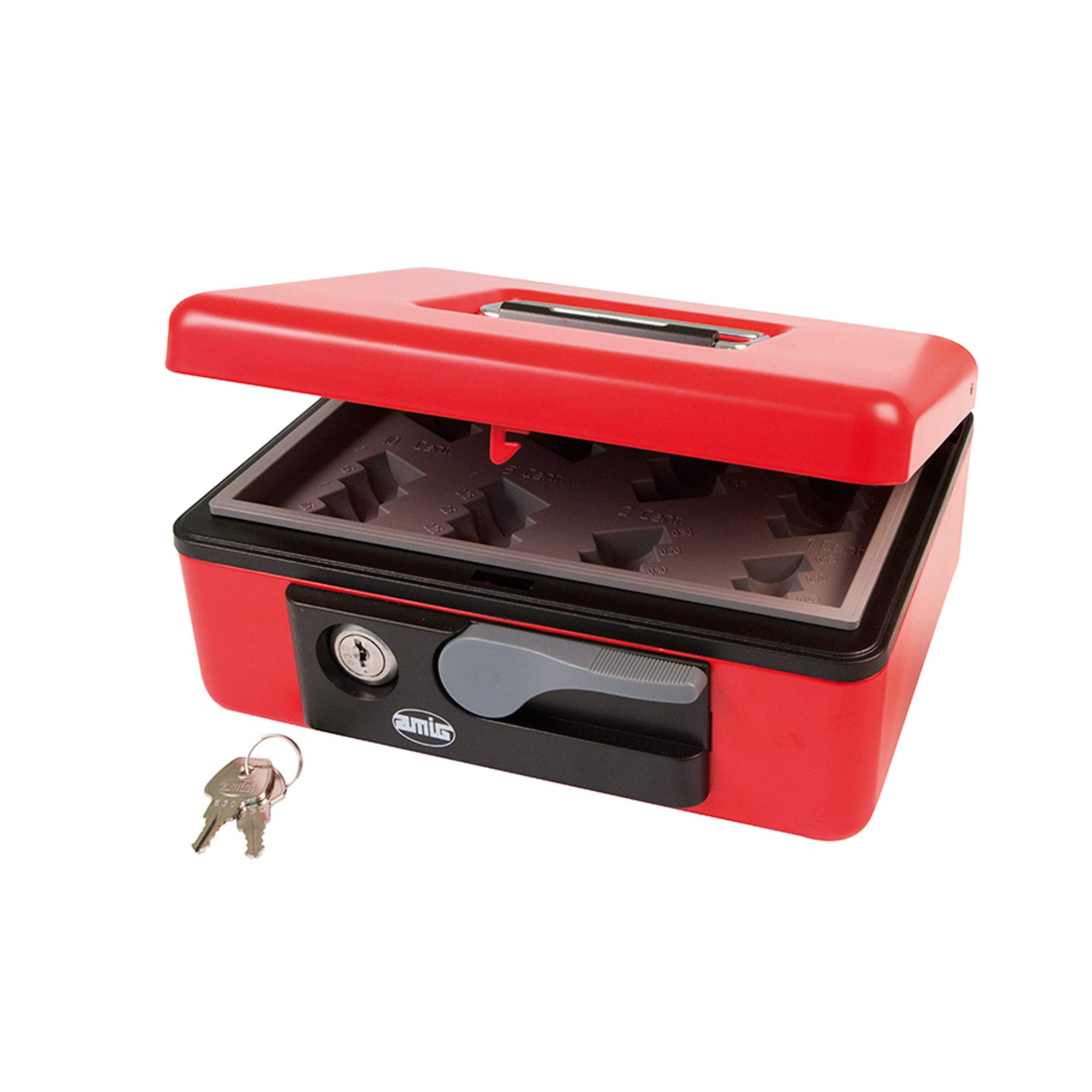 Amig - Lockable Storage Box Model 2500 | Steel | Coin Compartment for Money | Red | 230 x 185 x 80 mm