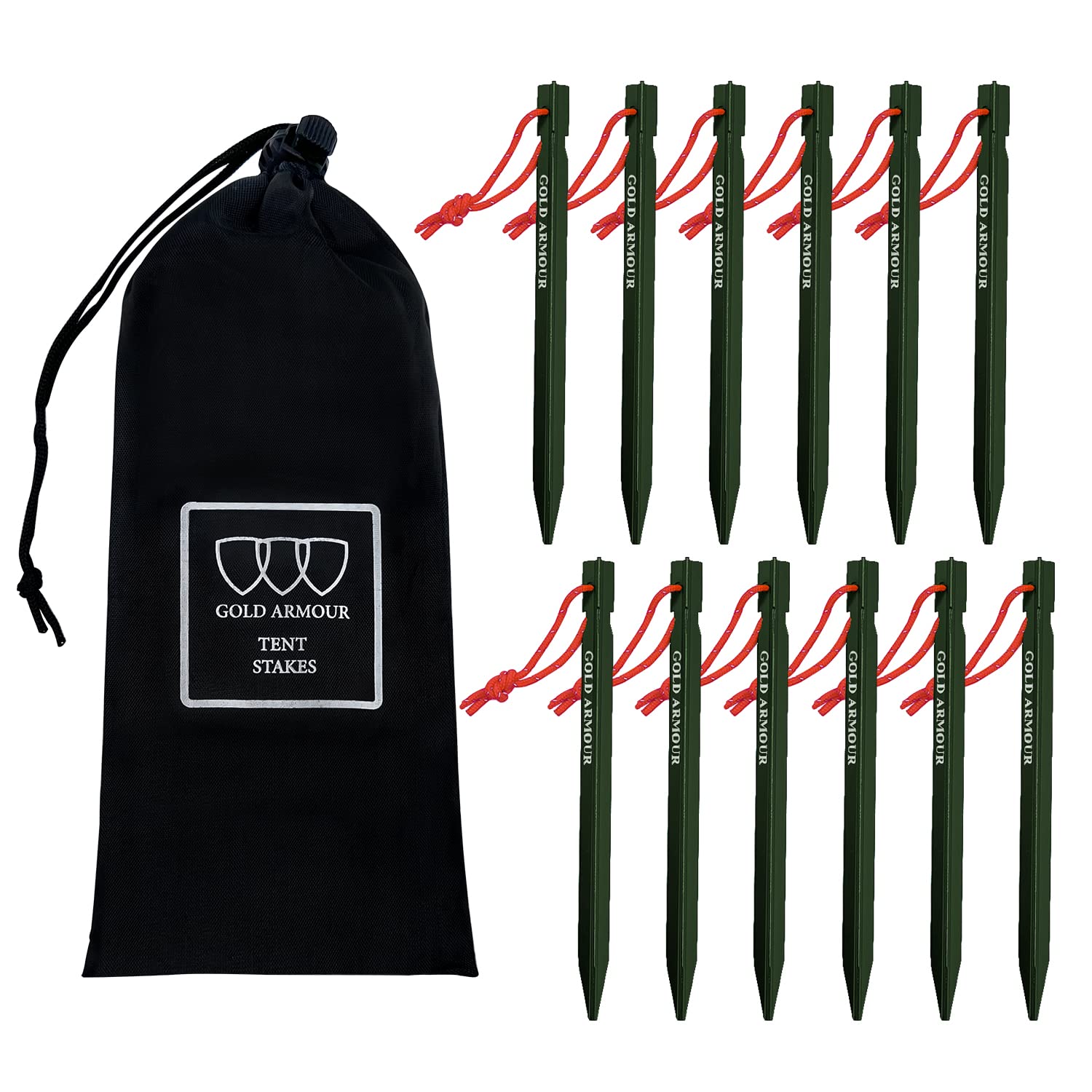 Photo 1 of Gold Armour Tent Stakes - 12 Pack Heavy Duty, Lightweight, Camping Stakes Pegs for Outdoor Tent and Tarp, Essential Camping Gear Equipment Accessories (Green)