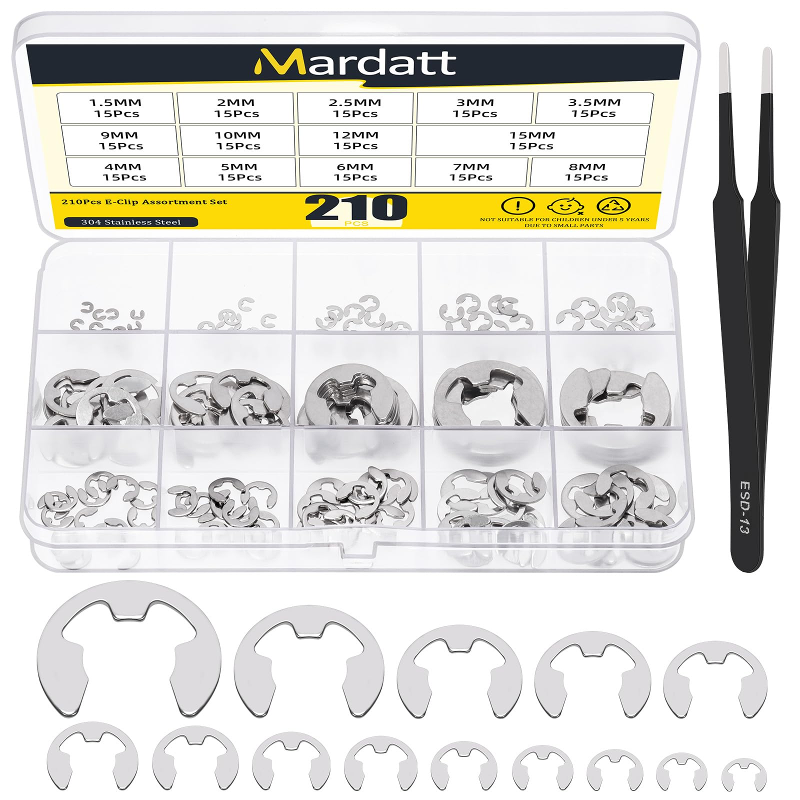 Mardatt 211Pcs Stainless Steel E-Clip Assortment Set, E-Clip Circlip External Retaining Rings - 1.5mm, 2mm, 2.5mm, 3mm, 3.5mm, 4mm, 5mm, 6mm, 7mm, 8mm, 9mm, 10mm, 12mm, 15mm