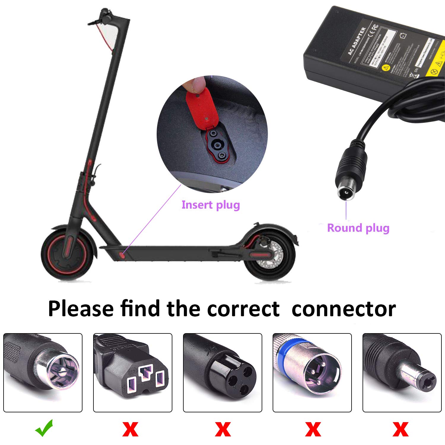 SGS Certified 42V 2A Electric Scooter Charger (Round RCA Connector Charger) Compatible with Segway Ninebot Scooter, Lime, Lime-S, Spin, Skip, ES1 ES2 ES4 Electric Scooter for 36V Li-ion 10S Battery