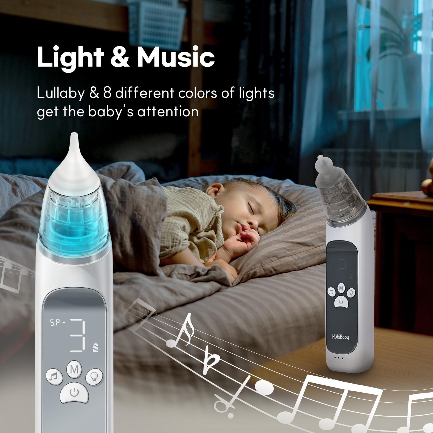 HubiBaby Nasal Aspirator for Baby, Electric Nose Aspirator, Nose Sucker, Automatic Nose Cleaner with 3 Silicone Tips, Adjustable Suction Level, Music and Light Soothing Function - FSA/HSA Eligible