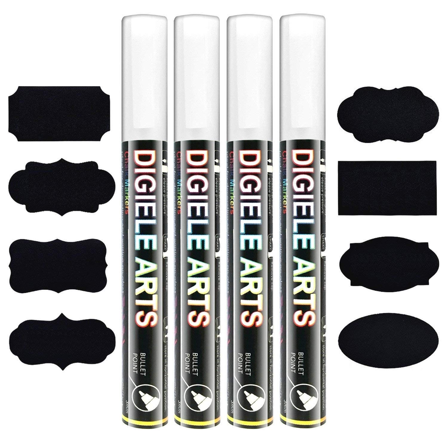 White Chalk Marker Pens, DIGIELE 6mm White Liquid Marker Pens, Dry or Wet Wipe Erase, Reversible Bullet or Chisel Tip for Blackboard, Window, Glass & Mirror, 4pcs Pens + 16pcs Chalkboard Labels Packed