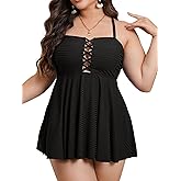 OYOANGLE Women's Plus Size 2 Piece Tankini Swimsuits Flowy Tummy Control Bathing Suits Swim Dress with Bikini Bottoms