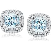 RANDES Dainty Birthstone Earrings for Women Sterling Silver Small Stud Earrings with Halo Cushion/Round Created Gemstone Earrings Birthstone Jewelry