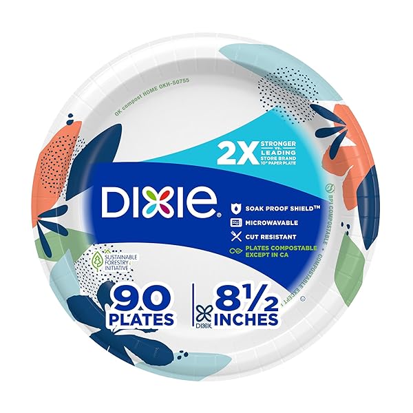DIXIE MEDIUM PAPER PLATES, 8.5 INCH, 90 COUNT, 2X STRONGER*, MICROWAVE-SAFE, SOAK-PROOF, CUT RESISTANT, DISPOSABLE PLATES FOR EVERYDAY BREAKFAST, LUNCH, & DINNER MEALS