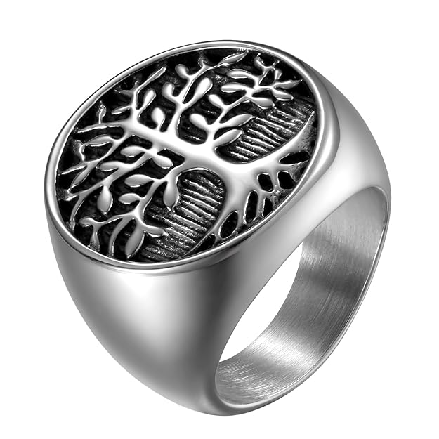 JewelryWe Schmuck Herren-Ring, Edelstahl Runden Siegelringe Baum des Lebens Lebensbaum Biker Ring, Silber Schwarz