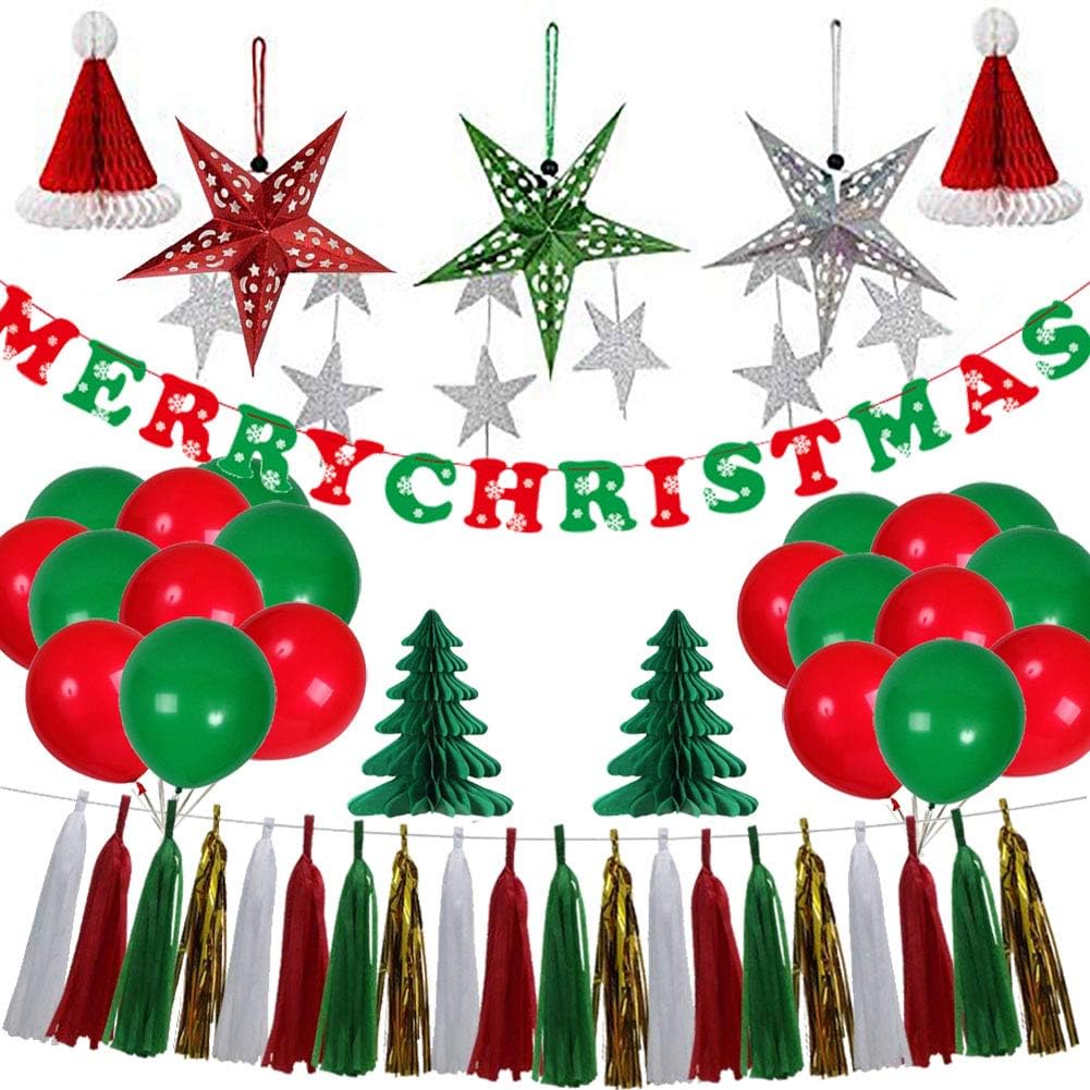 50Pcs Christmas Party Paper Decorations Set-Tassels Hanging Garland Banner Christmas Banner Handmade Paper Stars Trees Honeycomb Hat Red & Green Balloons for Xmas Holiday Party Decor Supplies
