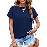 Tankaneo Women Short Cap Sleeve Tops Summer Casual Banded Sweatshirt Crew Neck Loose Fit T-Shirts