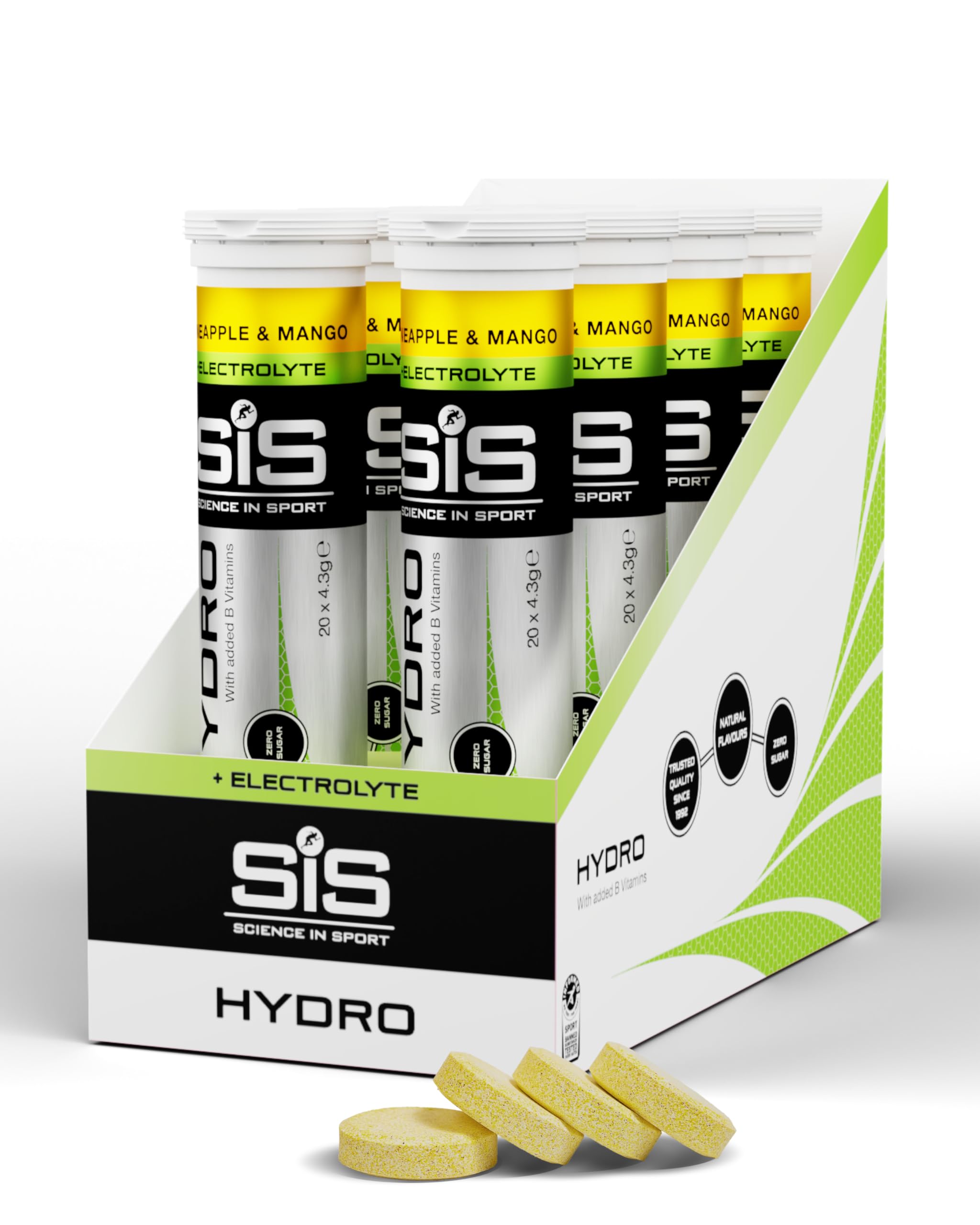 Science In Sport Hydro Hydration Tablets, Gluten-Free, Zero Sugar, Pineapple and Mango Flavour Plus Electrolytes, 20 Effervescent Tablets per Bottle (8 Bottles)