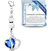 Gutsy Goodness Something Blue Heart Wedding Bouquet Charm Gift For Bride, Handmade Silver Tone Sparkling Tradition Pendant, Jewelry Travel Pouch Accessory Set Sentimental Card, Bridal Shower Idea