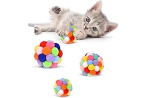 TUSATIY Cat Toy Balls with Bell 3PCS, Colorful Soft Fuzzy Balls Built-in Bell for Cats, Interactive Playing Chewing Toys for Indoor Cats and Kittens