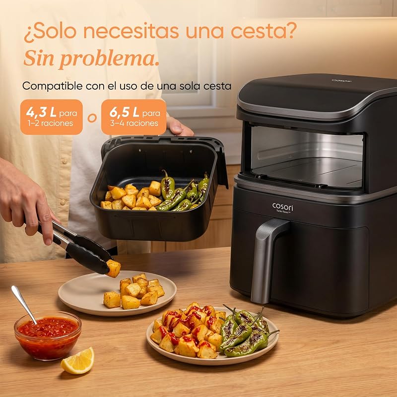 Fritadeira Cosori Turbo Tower 10.8L, Cesta Dupla True Inox, economia de espaço, alta potência de 2630W e mais rápida, 6 funções, refeições sempre equilibradas, cozimento ilimitado, fácil de limpar