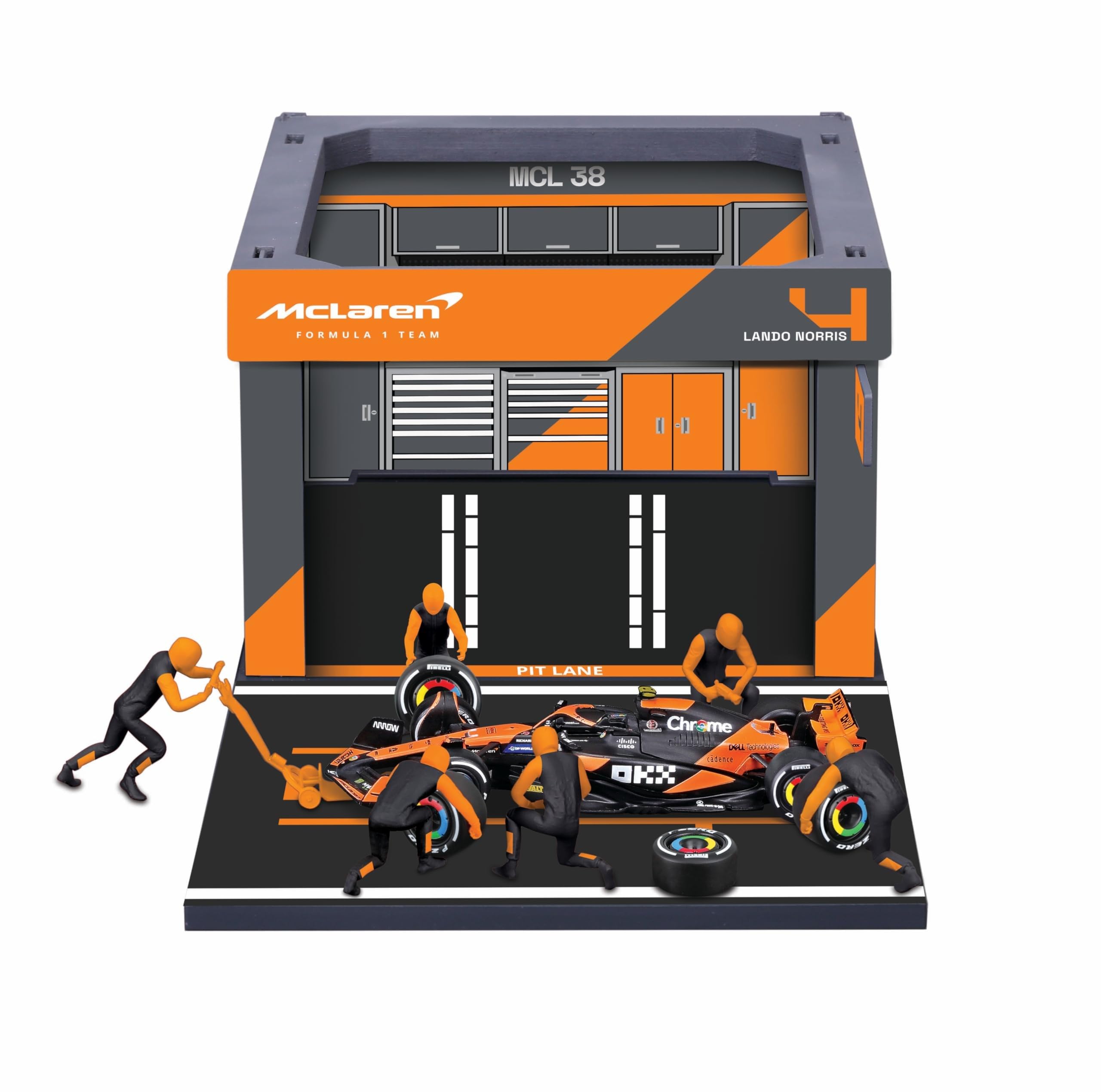 BBURAGO PIT STOP McLaren MCL38 (2024) #4 Norris, play set with diorama, 1:43 scale vehicle and 6 mechanics, detailed replica with official McLaren licence, recommended age 3+ years