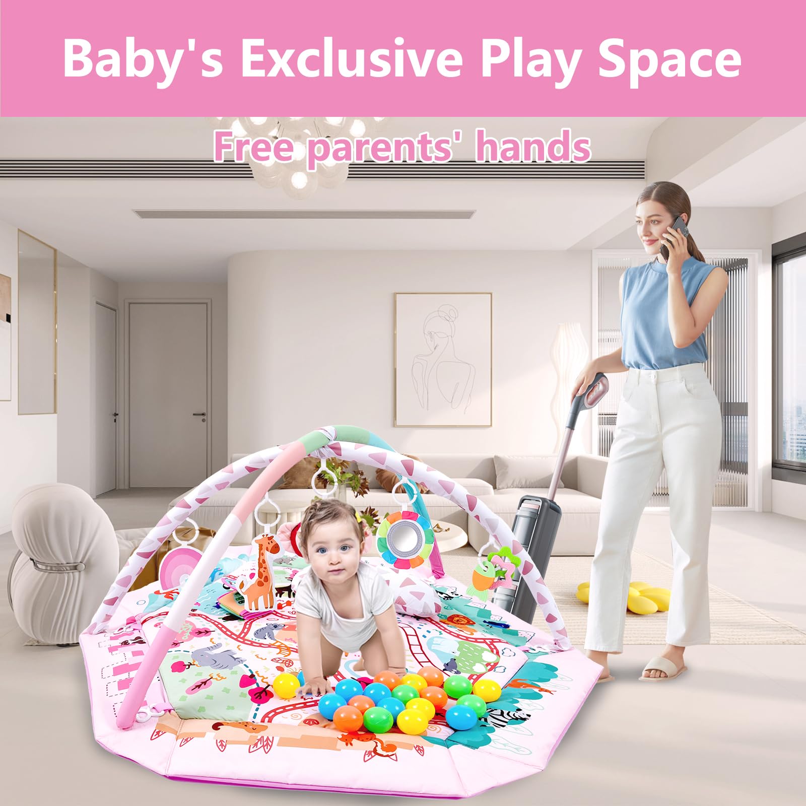 TFDER Baby Gym Play Mat, 8-in-1 Tummy Time Mat & Activity Gym, Washable Ball Pit, Infant Play Mat with Detachable Toys for Sensory Exploration and Motor Skill Development