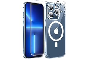 MOZOTER Magnetic for iPhone 13 Pro Case,[Compatible with Magsafe][Anti Yellowing][1*Glass Screen Protector+1*Camera Lens Protector] Slim Thin Shockproof Case for iPhone 13 Pro,6.1 inch-White